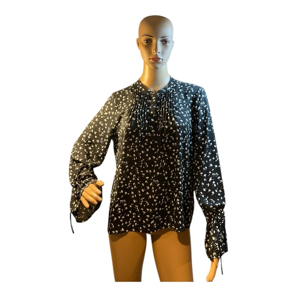 J Crew Women’s Black Floral Popover Top Pintuck  Long Bell Sleeve Size Small